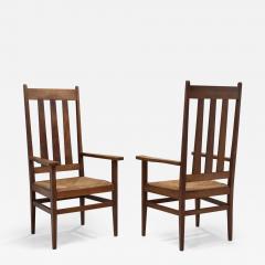 A Pair of Oak and Woven Rush High Back Armchairs France 1940s - 3931251