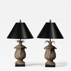 A Pair of Plaster Pineapple Form Lamps on Ebonized Bases with Pineapple Finial - 3517494