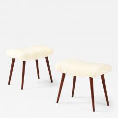 A Pair of Swedish Stained Birch and Sheepskin Stools Ca 1940s - 4609908