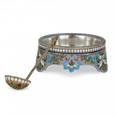 A Russian silver gilt and cloisonn enamel open salt and spoon - 3159892