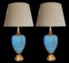 A Striking Pair of American Mid Century Light Blue Ovoid Ceramic Lamps - 680443