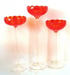 A Vibrant Set of 3 Murano Orange Glass Compotes on Clear Glass Stems - 288996