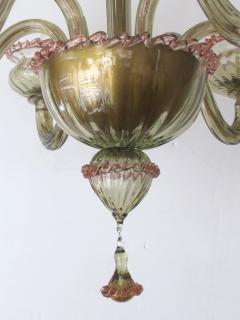 A chic Murano olive green glass 6 light chandelier with pink embellishments - 836924
