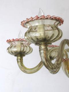 A chic Murano olive green glass 6 light chandelier with pink embellishments - 836932