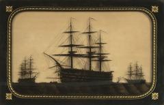 A fine reverse glass silhouette of H M S s Marlborough Foudroyant and Lee - 3324790