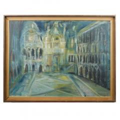 A large oil on masonite painting depicting a city view painting  - 3407914