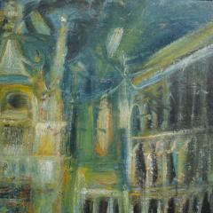 A large oil on masonite painting depicting a city view painting  - 3408012