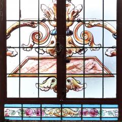 A large painted and leaded glass window in iron frame circa 1900  - 2910601