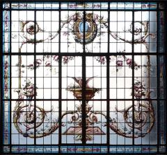 A large painted and leaded glass window in iron frame circa 1900  - 2910687