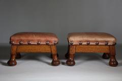 A little pair of Aesthetic Movement oak Thebe stools with leather studded seats - 4192362