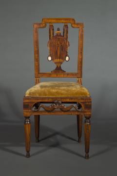 A most unusual set of four neoclassical marquetry inlaid chairs and a settee - 4009479