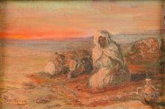 A oil on board painting of Bedouin men on beach in sunset signed indistinctly  - 3412031