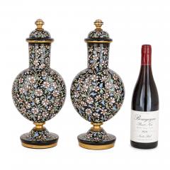 A pair of Bohemian enamelled black glass vases and covers - 2841489