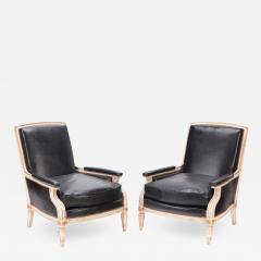 A pair of French Louis XVI style Black leather bergere armchairs  - 2536952