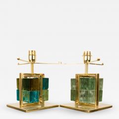 A pair of Italian brass cage Murano Glass cube lamps Contemporary - 2130875