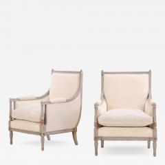 A pair of Louis XVI style partial gilt wood upholstered Berg re chairs C 1940  - 4492383