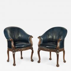 A pair of Victorian blue leather and walnut tub chairs - 3241608