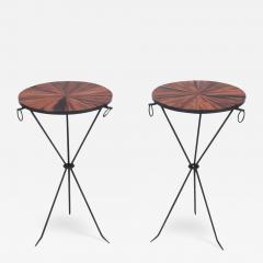 A pair of contemporary wrought iron drink tables with rosewood tops  - 2962599