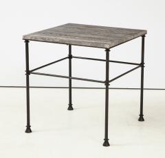 A pair of custom made tables bronze legs and Bleu Oc an color travertine top  - 1758211