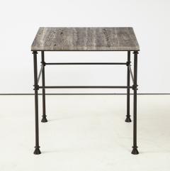 A pair of custom made tables bronze legs and Bleu Oc an color travertine top  - 1758212