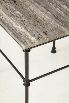 A pair of custom made tables bronze legs and Bleu Oc an color travertine top  - 1758213