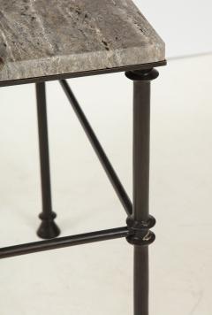 A pair of custom made tables bronze legs and Bleu Oc an color travertine top  - 1758216