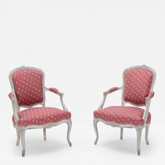 A pair of painted and carved French Louis XV style open arm chairs circa 1900  - 3431212