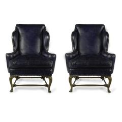 A pair of walnut Georgian style leather wing armchairs - 3683646