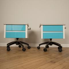 A pair of white and blue two drawers side cabinets on rolling base 1970s - 2129098