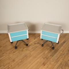 A pair of white and blue two drawers side cabinets on rolling base 1970s - 2129099