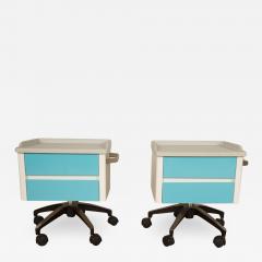 A pair of white and blue two drawers side cabinets on rolling base 1970s - 2130883