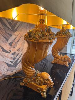 A rare pair of glazed ceramic leaning Rams table lamps - 4120665