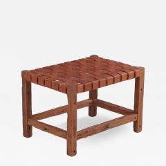 A rustic French wood bench with woven leather seat C 1930  - 4229982