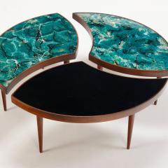 A three part biomorphic marbleized glass and walnut circular coffee table  - 3365611