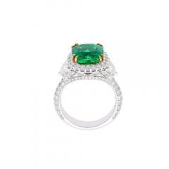 AGL Certified 3 52 Carat Cushion Colombian Emerald Half Moon Diamond Ring - 3861964