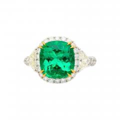 AGL Certified 3 52 Carat Cushion Colombian Emerald Half Moon Diamond Ring - 3864373