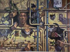 AMAZING SURREALIST MAN BEHIND WALL WITH SNAKES HUMMINGBIRDS PAINTING - 1619527