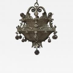 AN UNUSUAL FINELY CAST AND SILVERED BRONZE FACETED GLASS MOUNTED CHANDELIER - 3908808