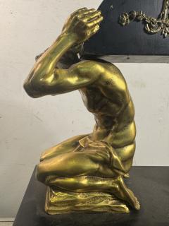 ANTIQUE BRONZE EBONIZED WOOD DRAPED KNEELING NUDE MEN SCULPTURE - 4404386