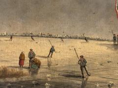 ANTIQUE EUROPEAN ICE SKATERS ON FROZEN LAKE LANDSCAPE PAINTING - 4403995