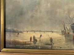 ANTIQUE EUROPEAN ICE SKATERS ON FROZEN LAKE LANDSCAPE PAINTING - 4403996