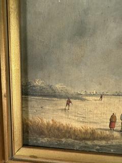 ANTIQUE EUROPEAN ICE SKATERS ON FROZEN LAKE LANDSCAPE PAINTING - 4404004