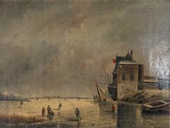 ANTIQUE EUROPEAN ICE SKATERS ON FROZEN LAKE LANDSCAPE PAINTING - 4412690