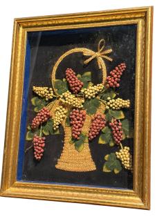 ANTIQUE FELT RAFFIA BASKET OF GRAPES IN BASKET THEOREM IN GOLD FRAME - 4605099