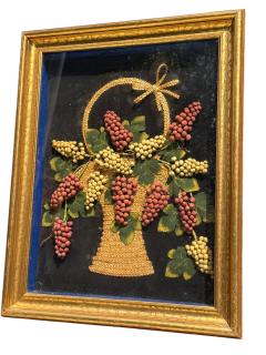 ANTIQUE FELT RAFFIA BASKET OF GRAPES IN BASKET THEOREM IN GOLD FRAME - 4605100