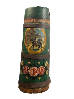 ANTIQUE HAND PAINTED HORSE RIDER ROSES WOOD BUTTER CHURN NOW UMBRELLA STAND - 4496179