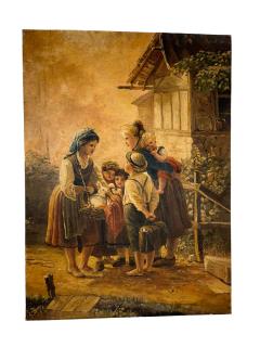 ANTIQUE OIL PAINTING OF VILLAGE SCENE WITH WOMEN CHILDREN BASKET OF BUNNIES - 4649157