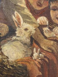 ANTIQUE OIL PAINTING OF VILLAGE SCENE WITH WOMEN CHILDREN BASKET OF BUNNIES - 4649163