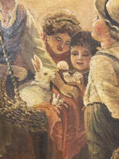 ANTIQUE OIL PAINTING OF VILLAGE SCENE WITH WOMEN CHILDREN BASKET OF BUNNIES - 4649165