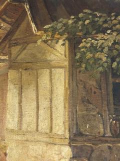 ANTIQUE OIL PAINTING OF VILLAGE SCENE WITH WOMEN CHILDREN BASKET OF BUNNIES - 4649166